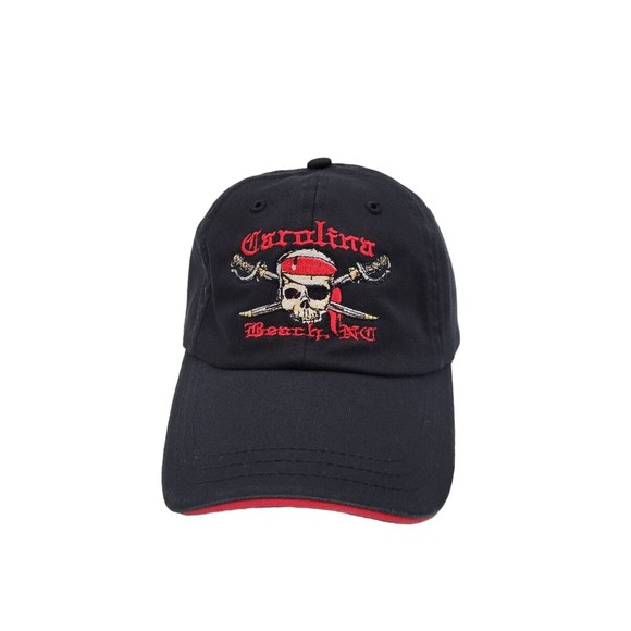 Carolina Beach NC North Carolina Pirate Embroidered Black Red Hat Cap Hook Loop - Picture 3 of 11